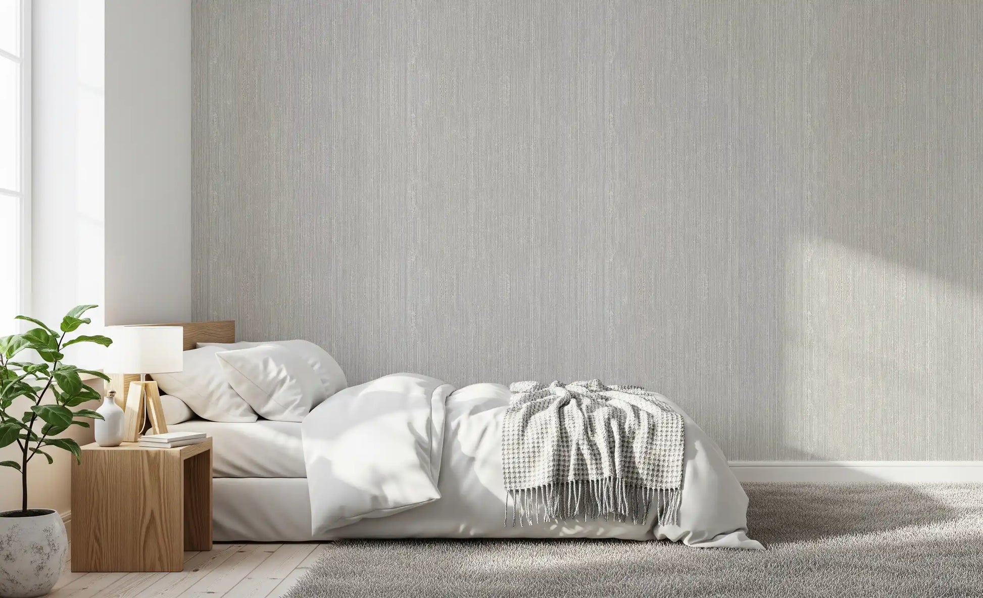 Neutral cream-and-beige palette gives Linen Serenity wallpaper a textile-like finish