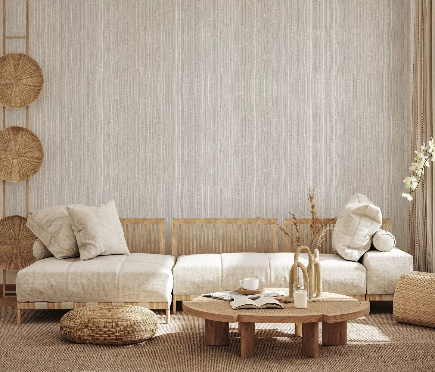 Warm tones meet Linen Serenity Wallpaper inside a quiet Living room 