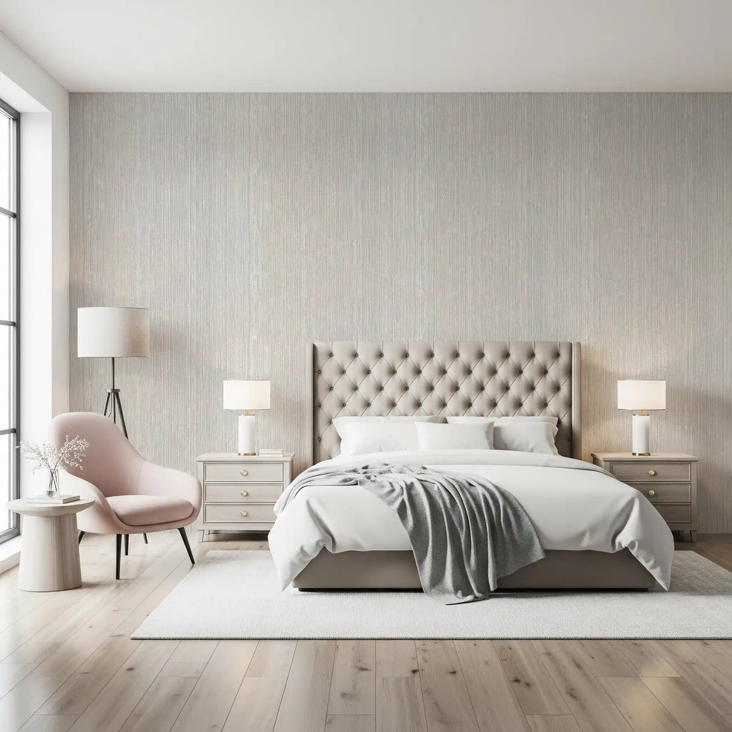 At the Bedroom end, Vertical Linen Serenity Wallpaper steadies the mood 