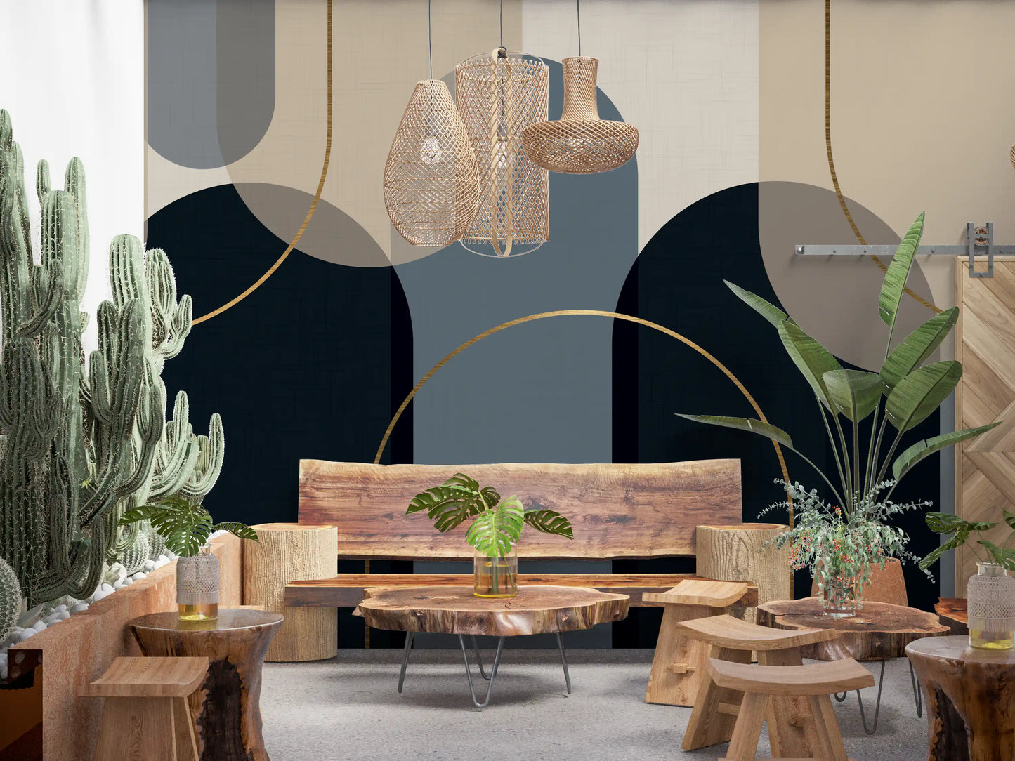 dining Sitting area built around a wall mural of midnight arches and slate ovals