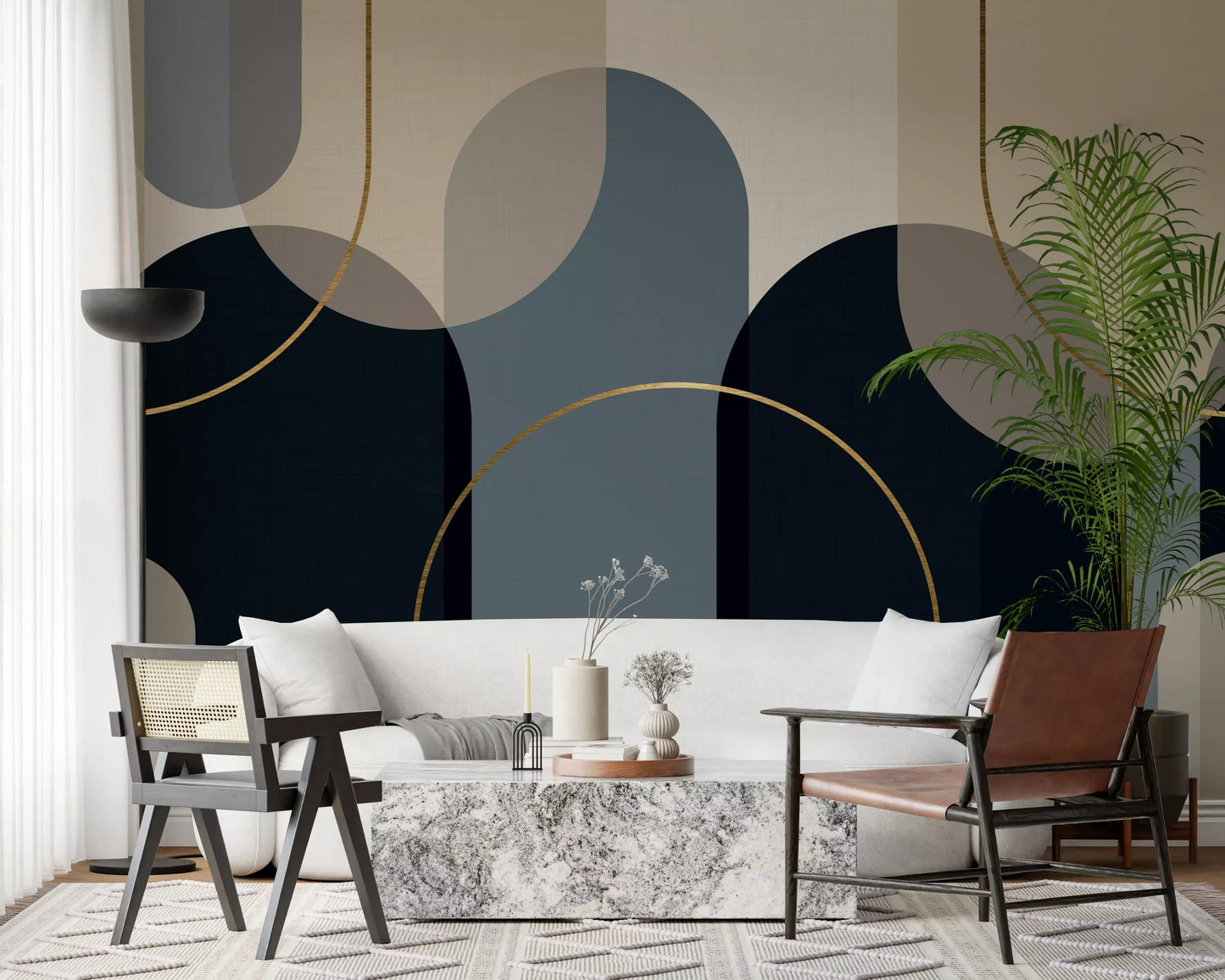 Gold line work threads between rounded shapes in the Midnight Gold Flow wall mural