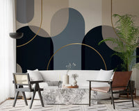 Gold line work threads between rounded shapes in the Midnight Gold Flow wall mural