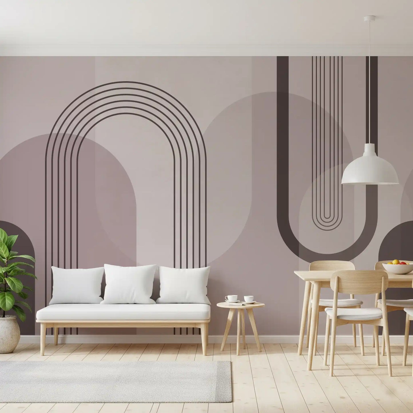 Dining room styled with the Geometric Harmony Mauve arch wall mural 
