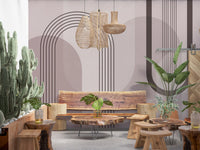 Dinign area dressed with the mauve arch and circle wall mural for a graphic backdrop
