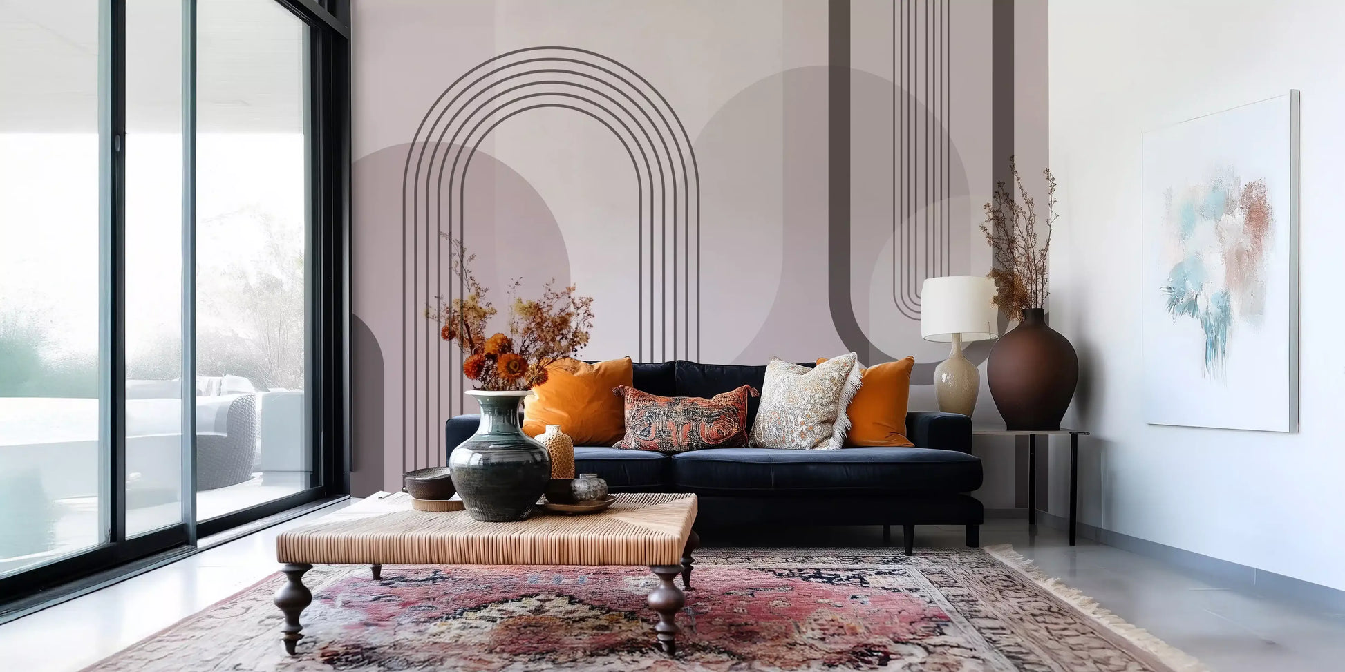 Plum, blush and taupe blocks sit behind slim linework on this mauve wall mural