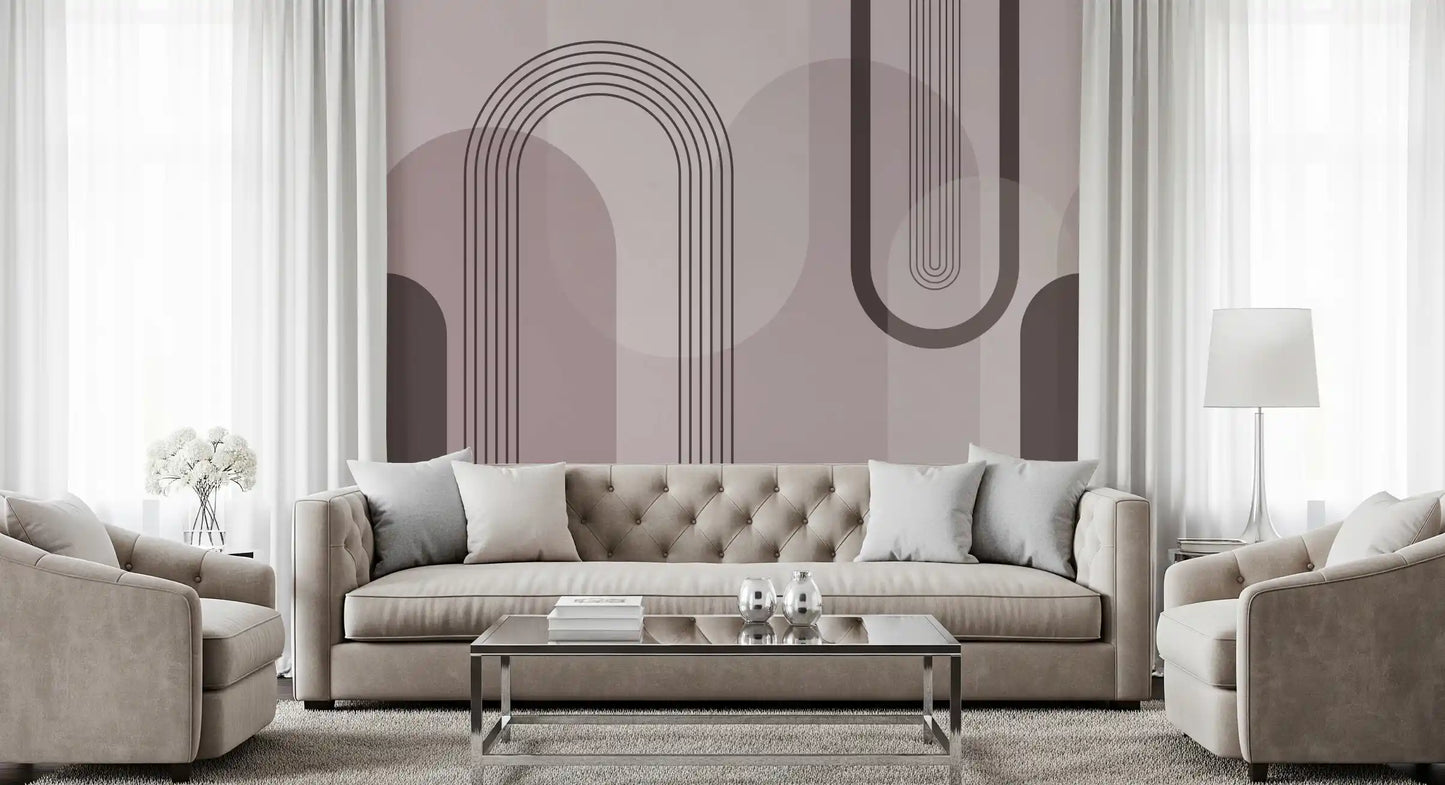 Living room with linework and circle shapes from the Harmony wall mural