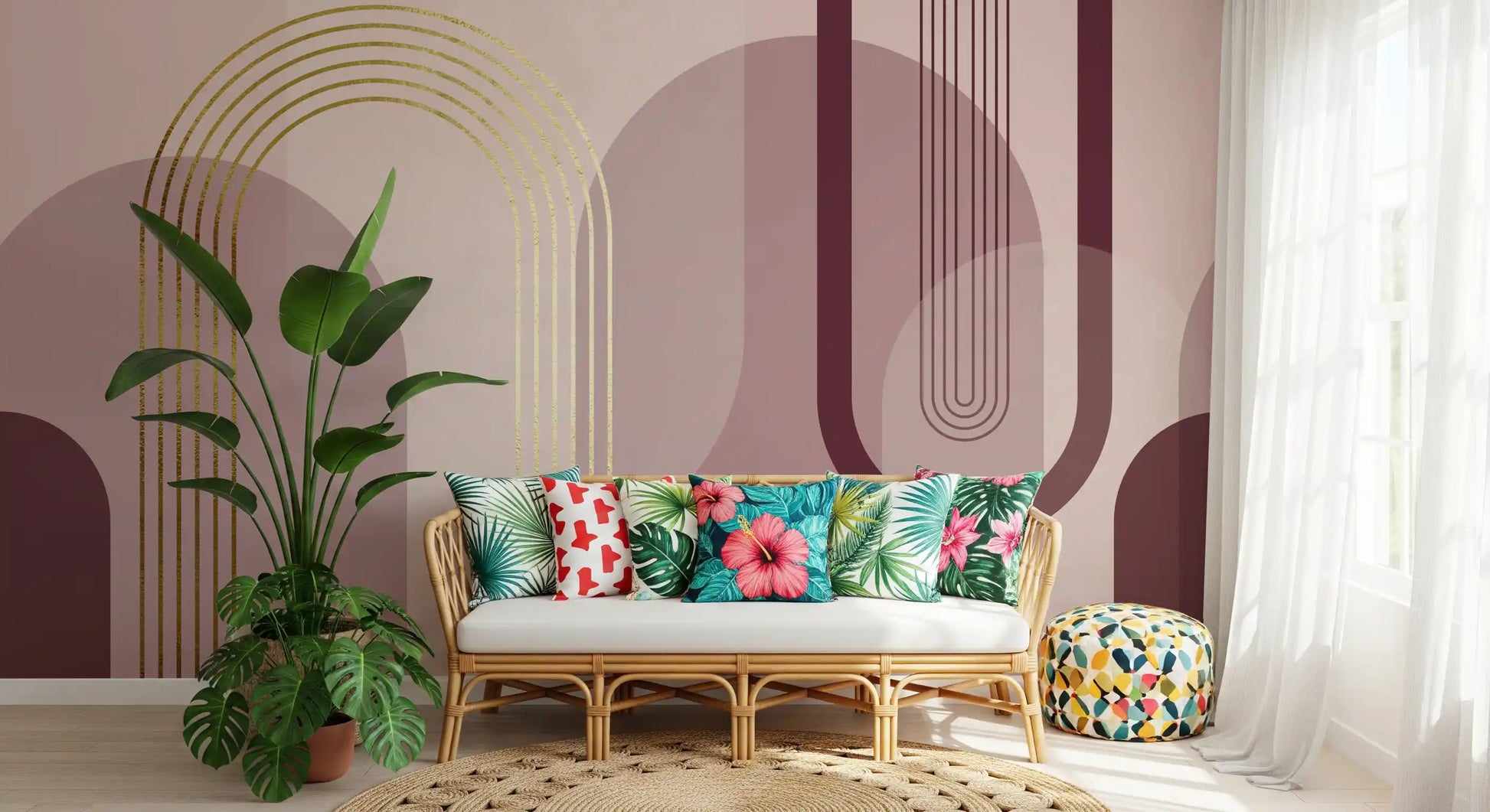 Golden Archway wall mural showing layered circles and vertical burgundy forms
