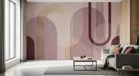 Living room Blush Arch mural featuring gold curves and mauve circular layers