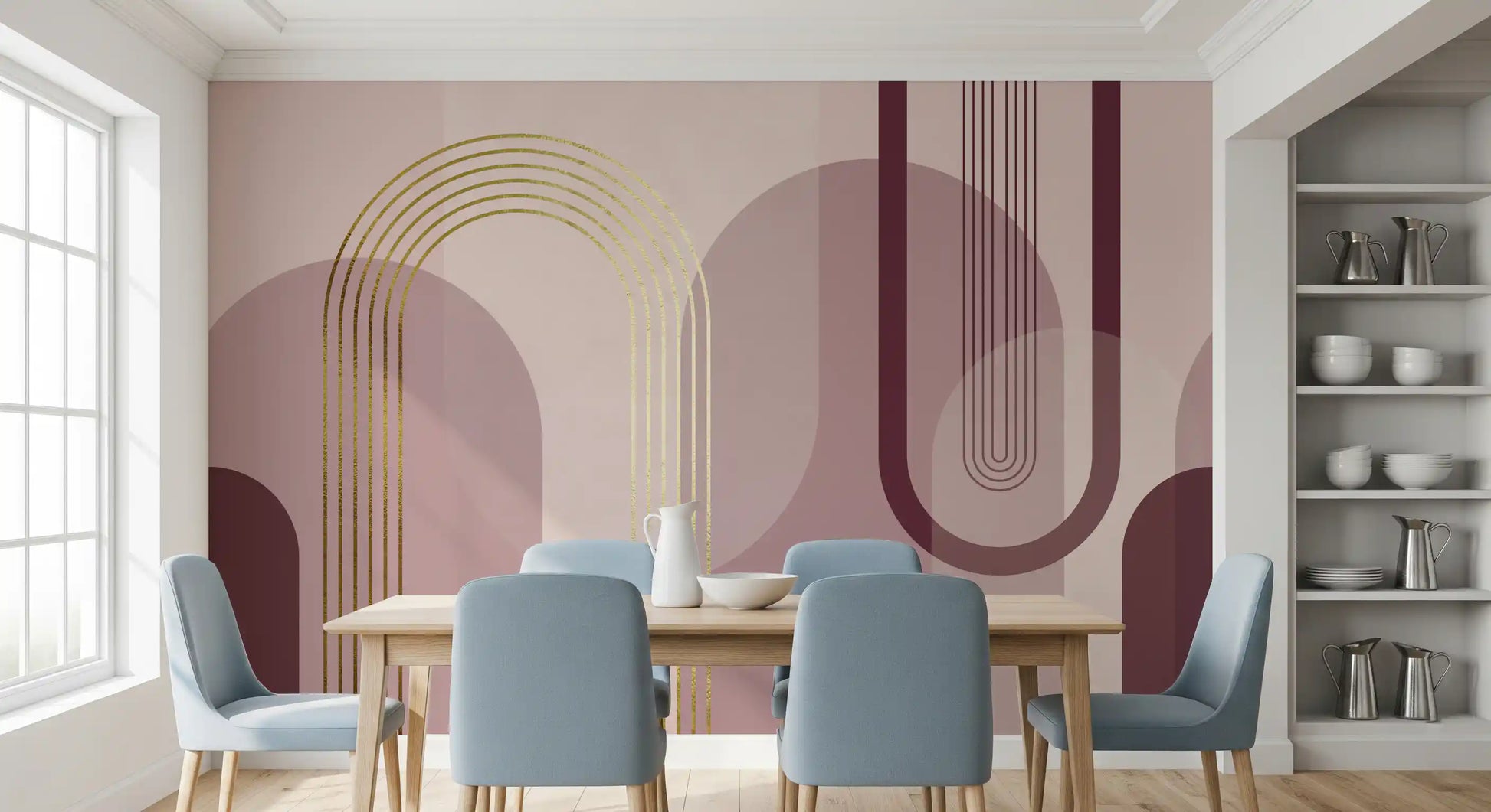 Golden Archway Serenity Wall Mural with blush arches and metallic gold detail