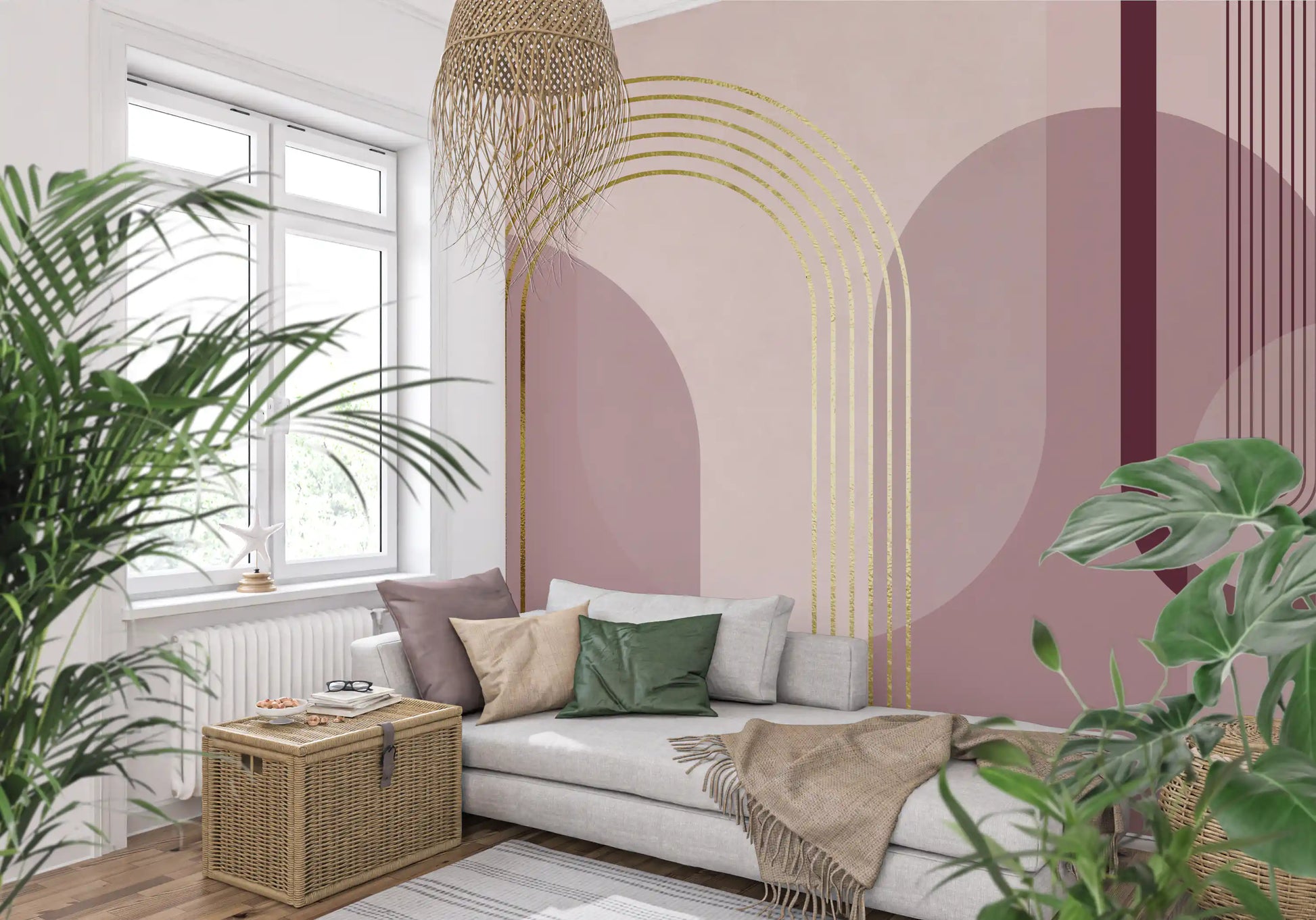Hallway Golden Serenity mural with art deco lines and burgundy accents