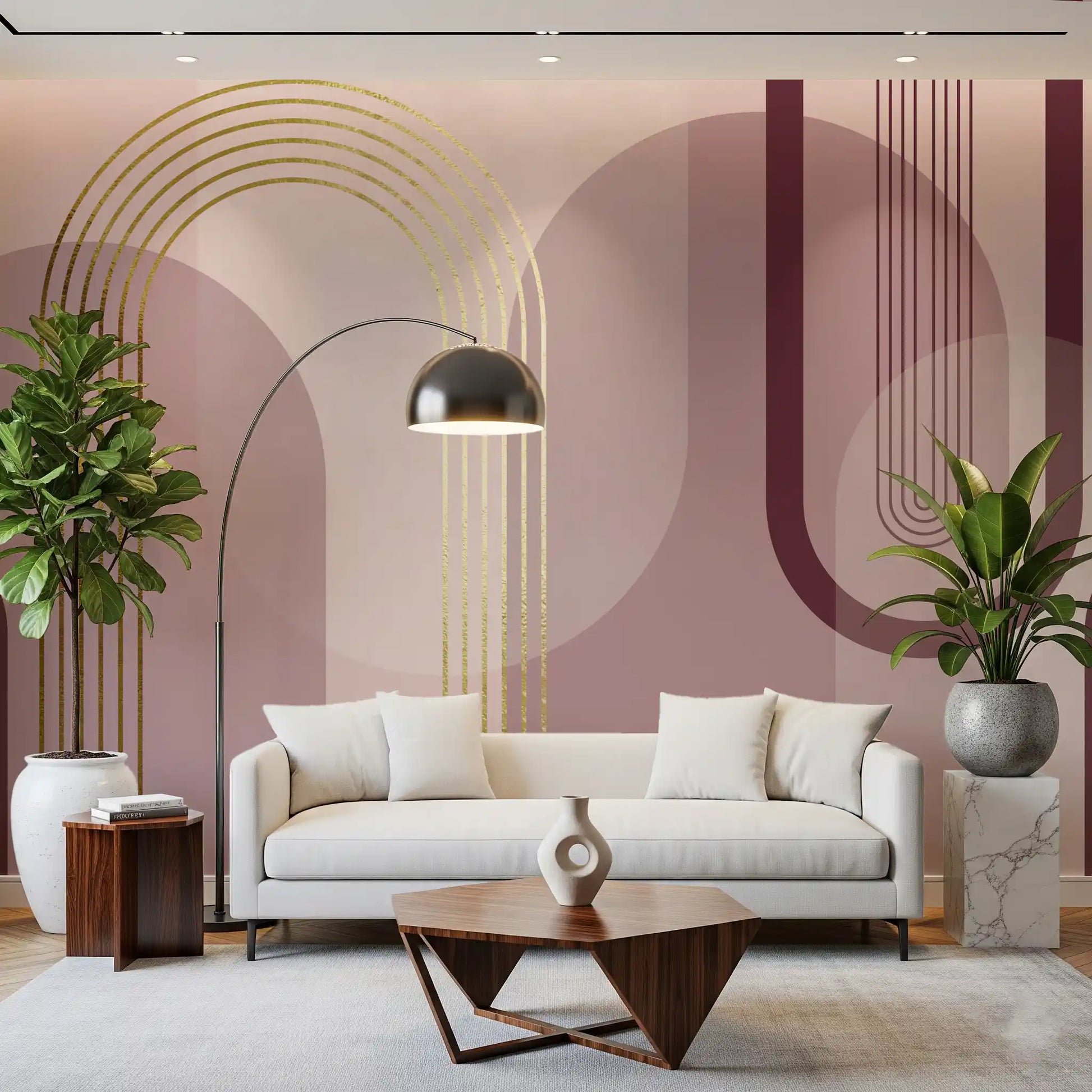Serenity wall mural featuring mauve arches, cream panels, and gold line art