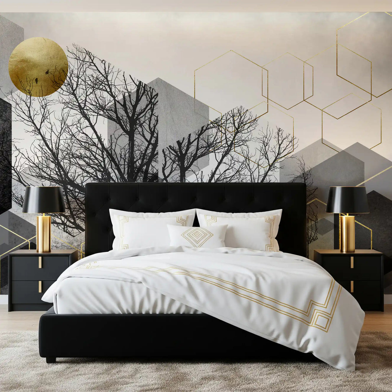 Pozłacana geometria: mural ścienny z sylwetką miejskiego lasu