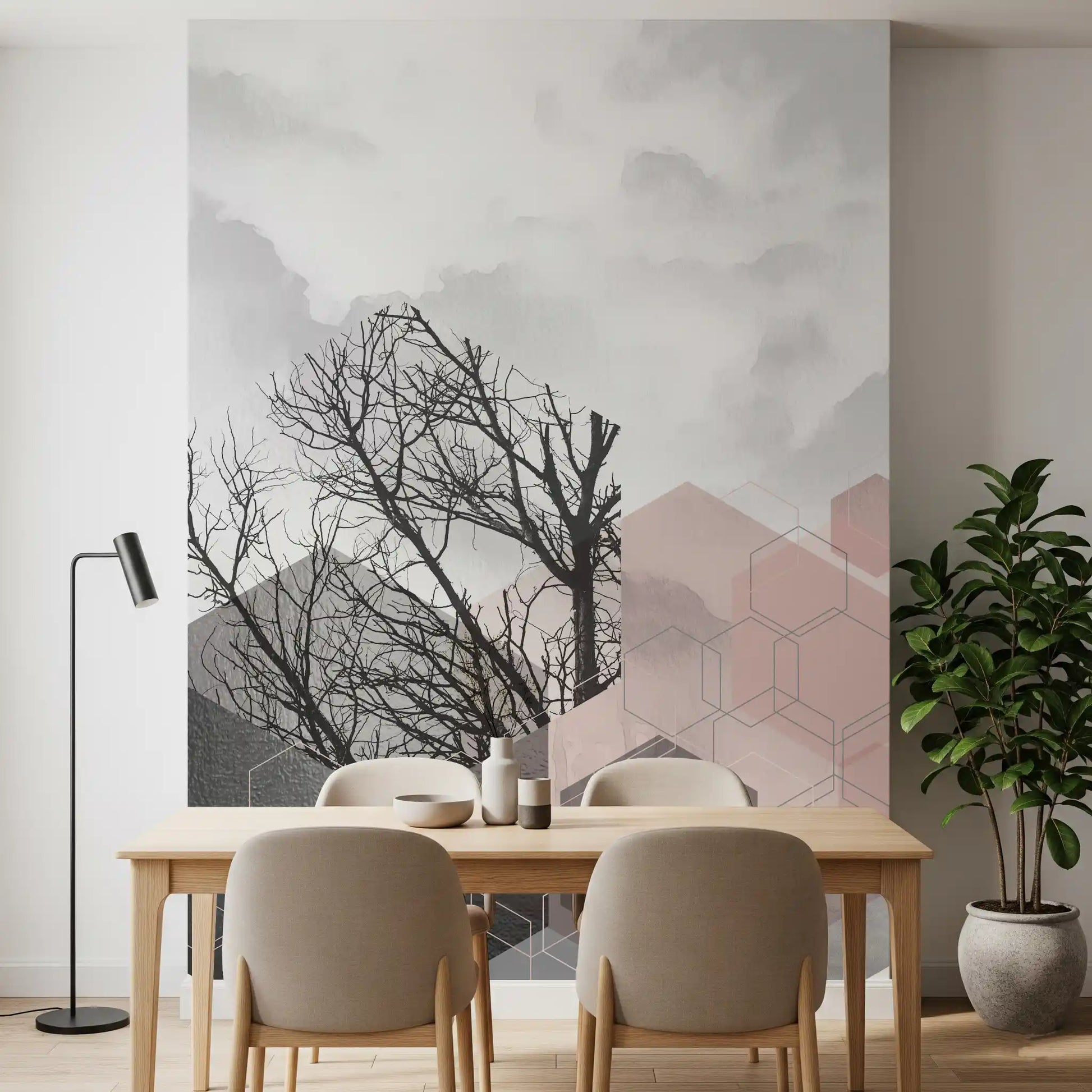 Geometric tree mural featuring charcoal branches and layered pink forms