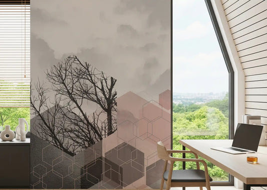 Office area Geometric Forest mural showing Blush Horizon pink cube forms
