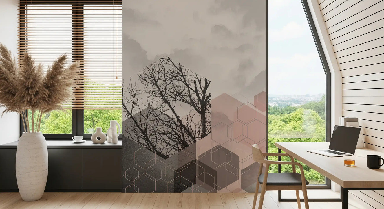 Blush Horizon : Fresque Murale Forêt Géométrique