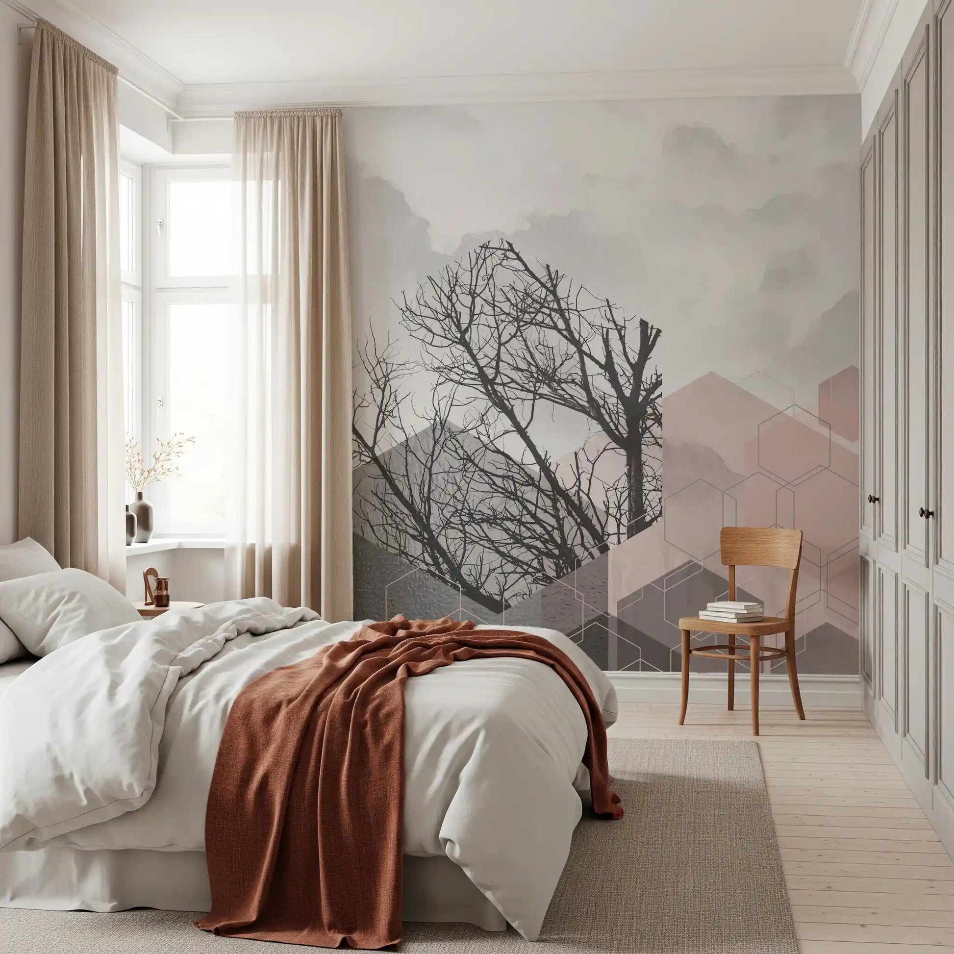 Forest branch wall mural with blush accents, cube outlines, and white space