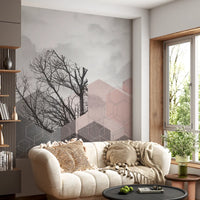 Geometric Forest Wall Mural showing bare tree lines and pale blush shapes