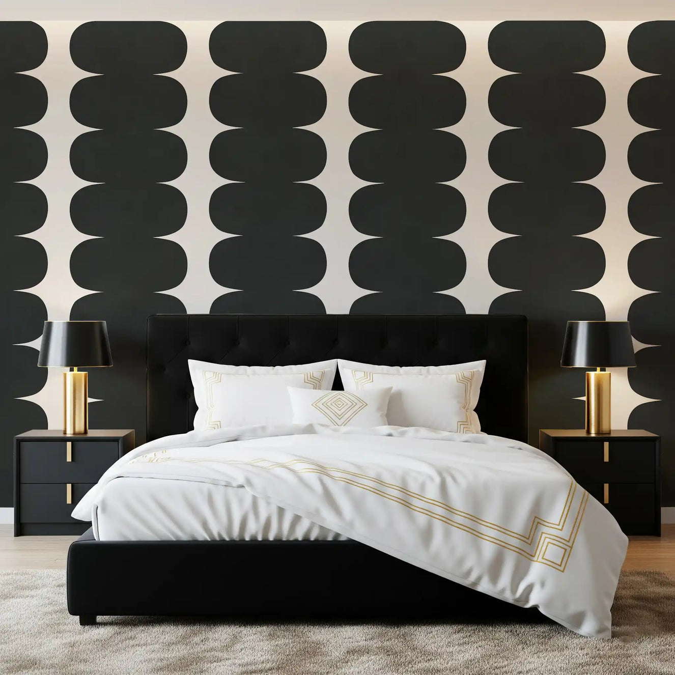 Bedroom feature setting framed by the wavy columns wall mural in charcoal grey