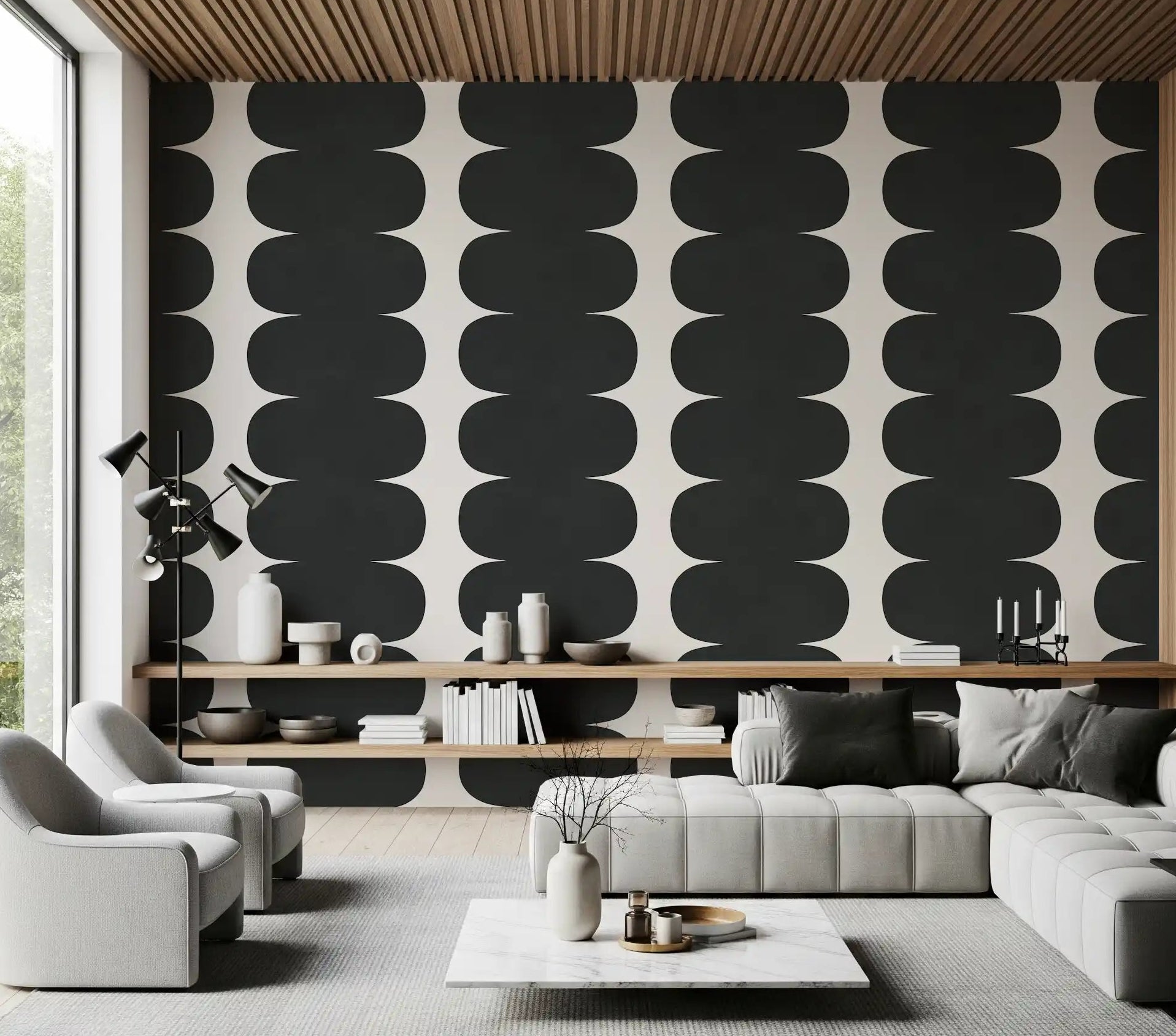 Minimalist Grey Wavy Columns Wall Mural styled in a bright open living room
