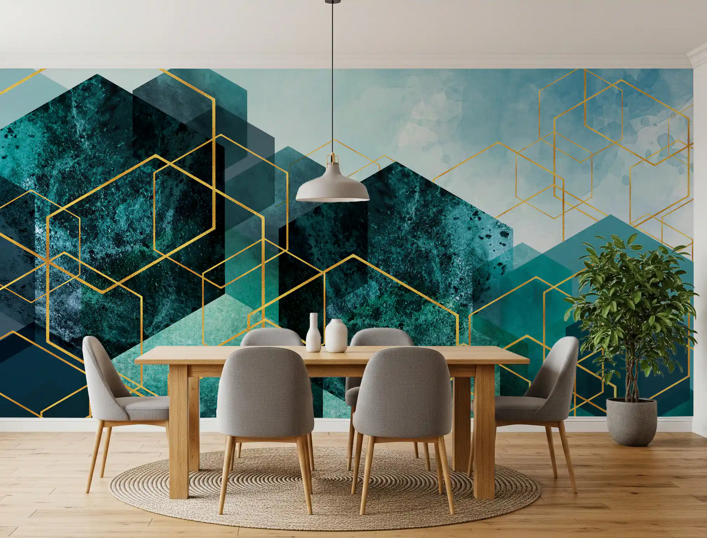 Geometrisches Wandbild mit Türkis-Gold-Leuchten