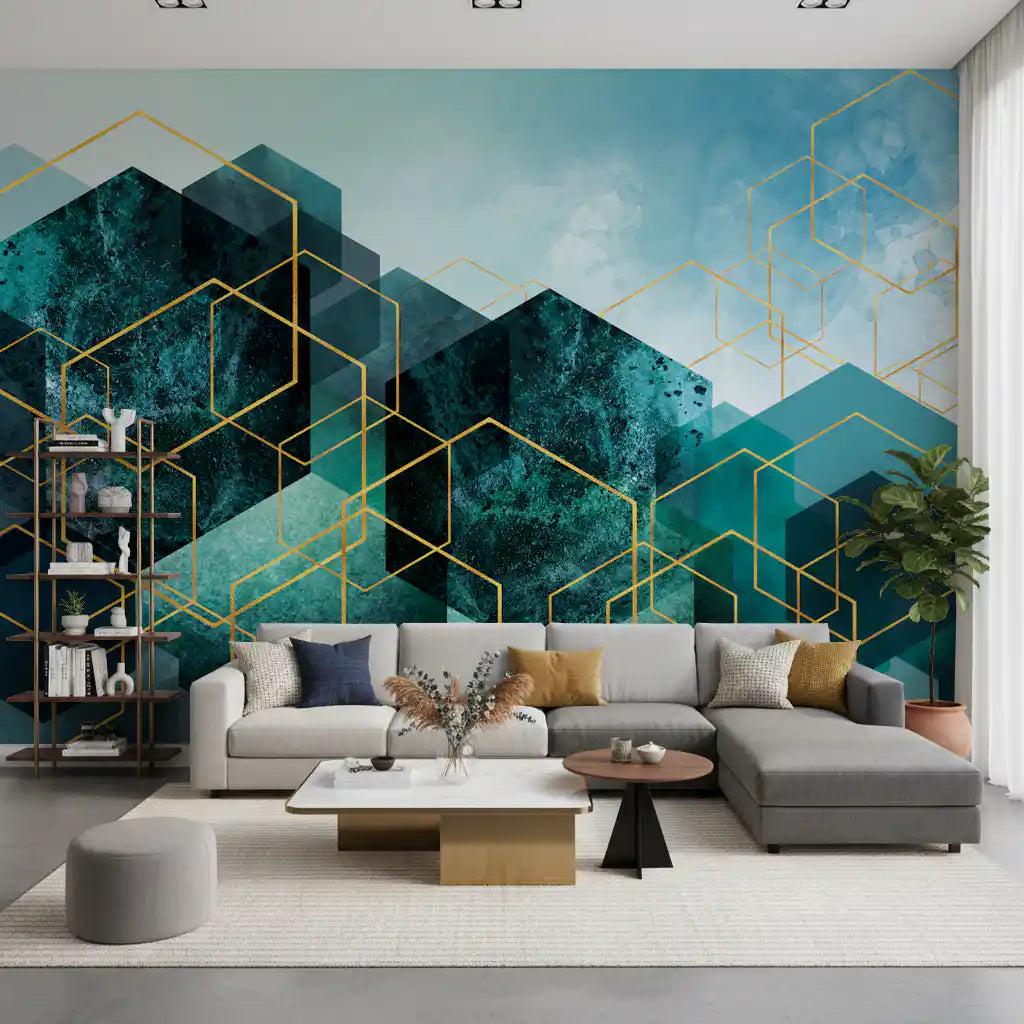 Geometrisches Wandbild mit Türkis-Gold-Leuchten