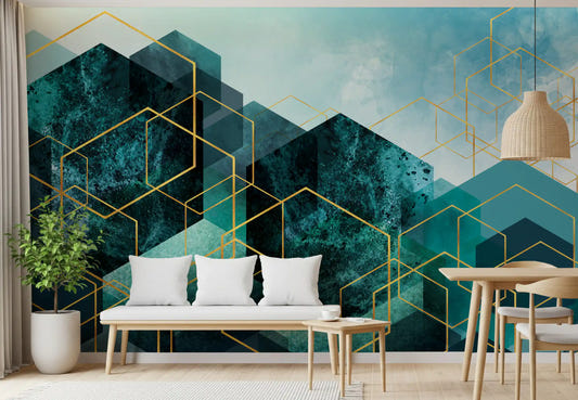 Dining room with low-back sofas facing the Geometric Teal Gold Glow wall mural