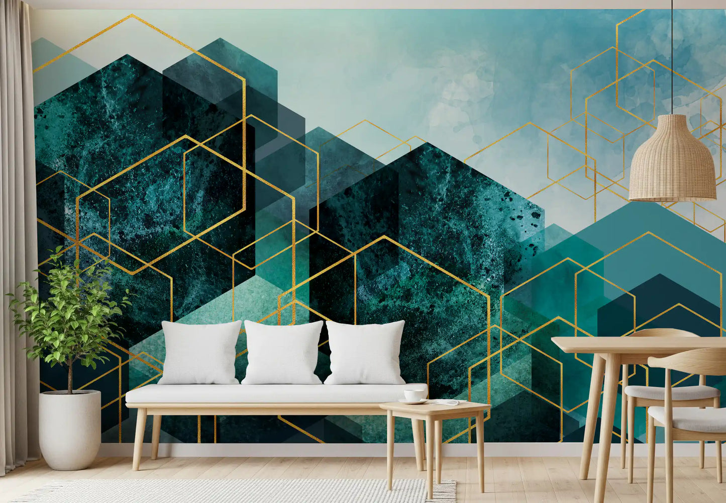 Geometrisches Wandbild mit Türkis-Gold-Leuchten