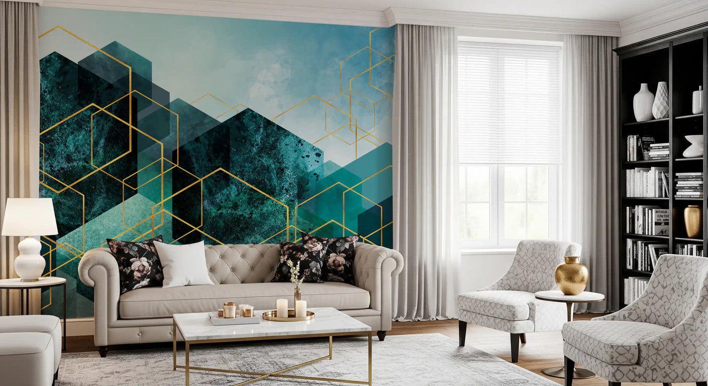 Geometrisches Wandbild mit Türkis-Gold-Leuchten