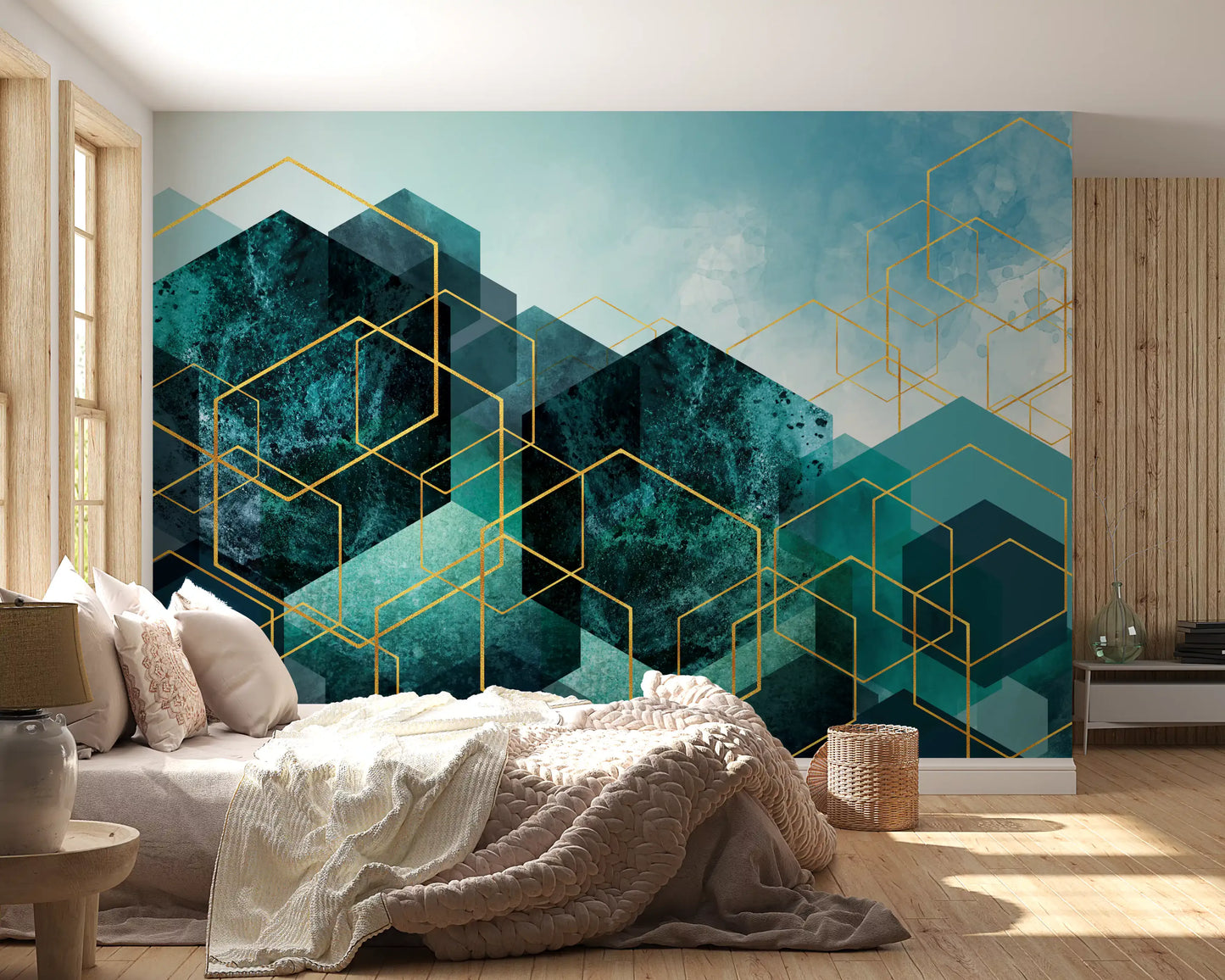 Geometrisches Wandbild mit Türkis-Gold-Leuchten