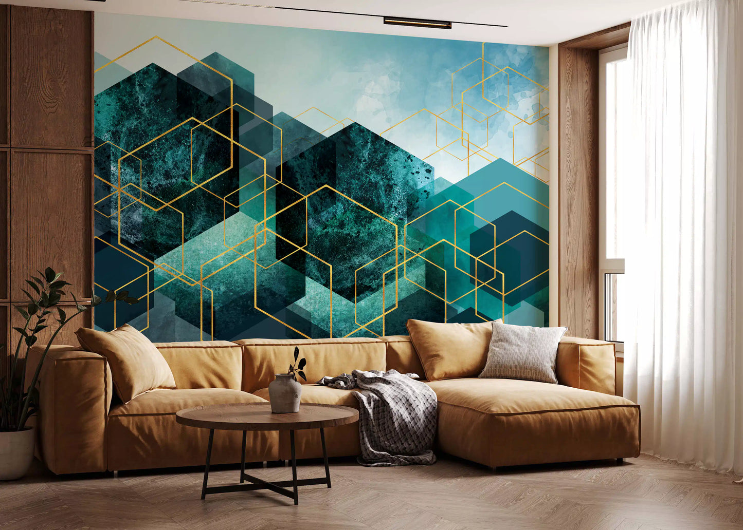 Geometrisches Wandbild mit Türkis-Gold-Leuchten