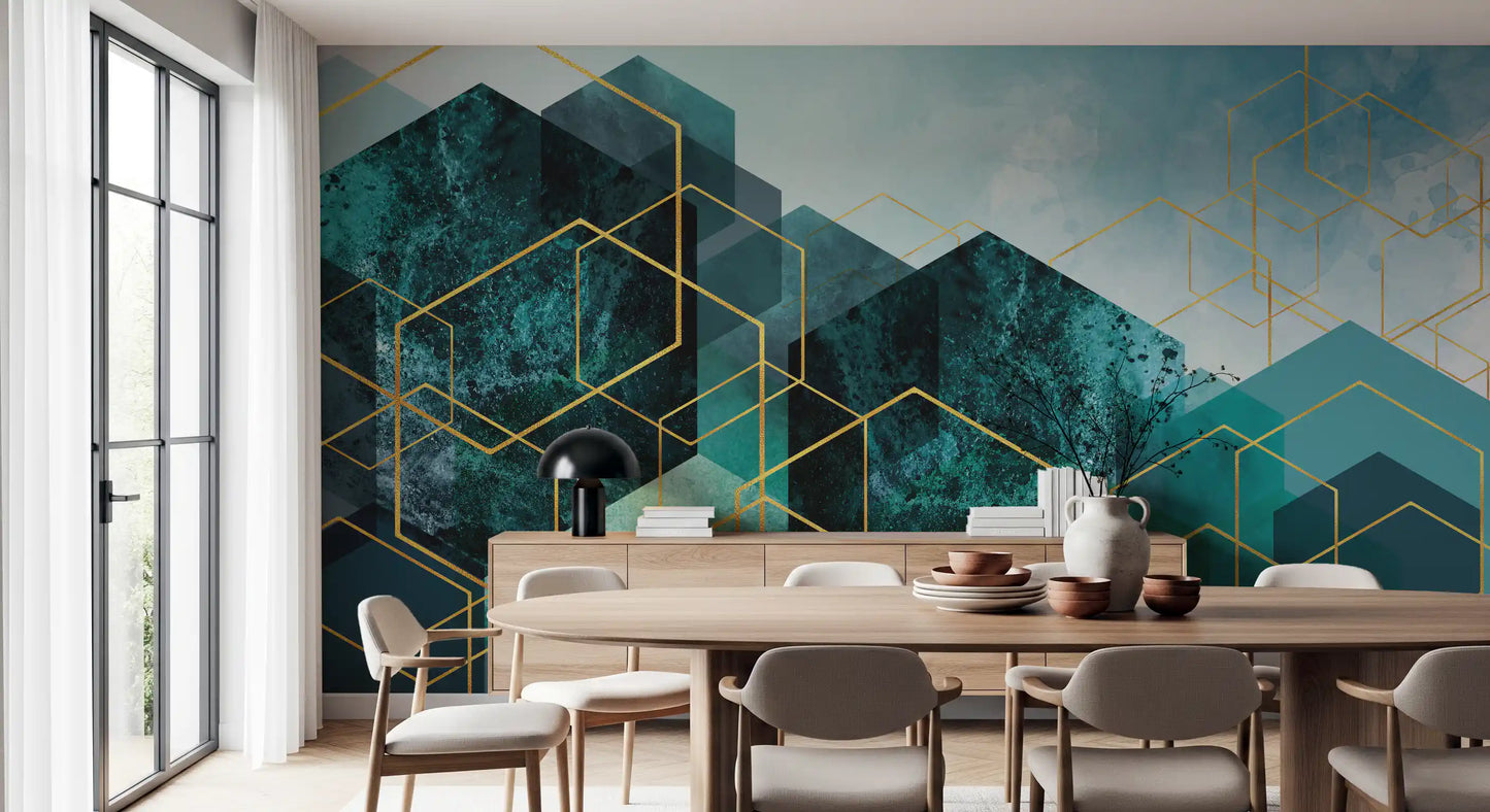 Geometrisches Wandbild mit Türkis-Gold-Leuchten