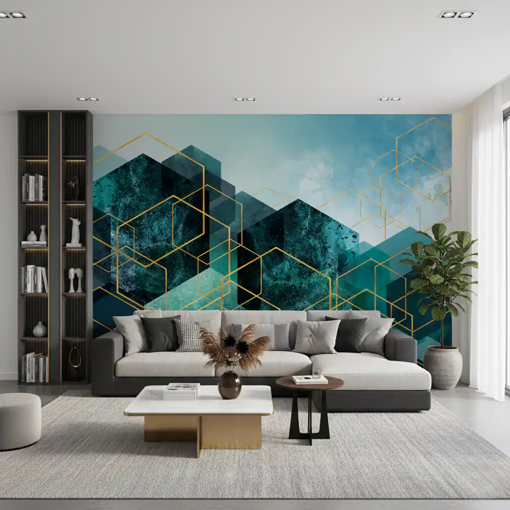 Geometrisches Wandbild mit Türkis-Gold-Leuchten