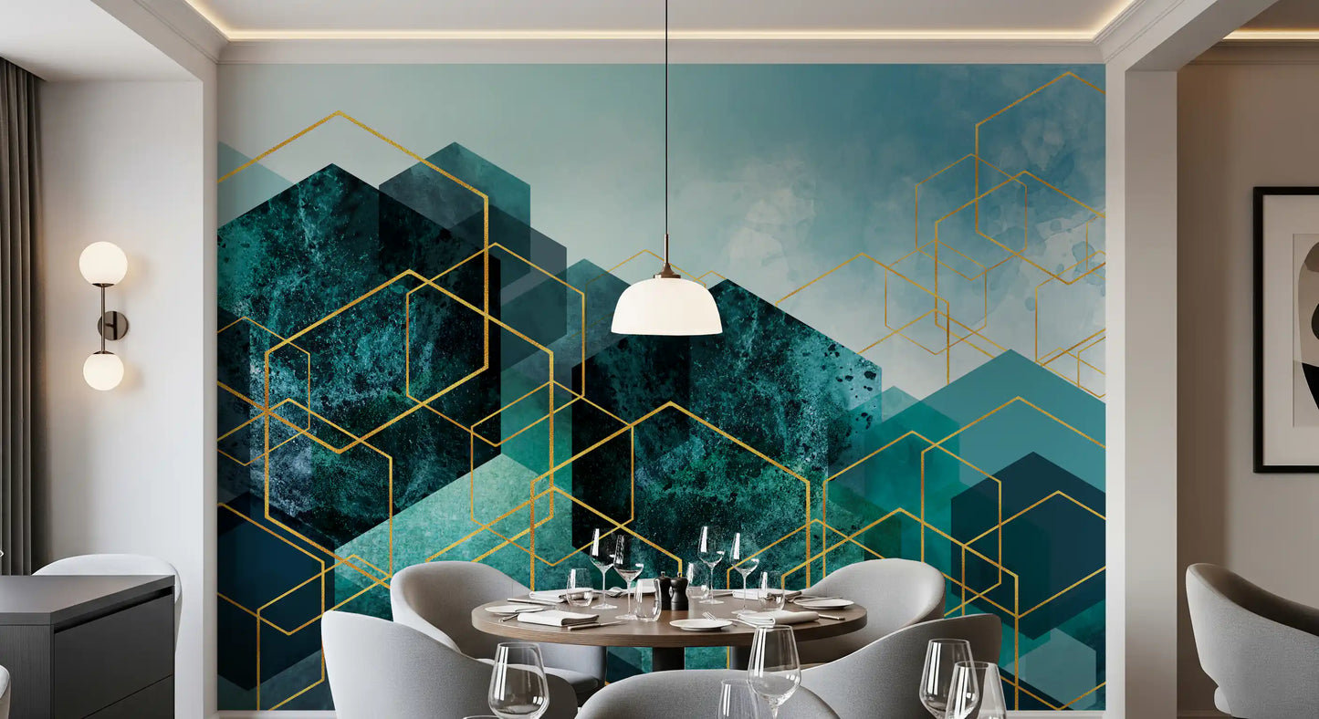Geometrisches Wandbild mit Türkis-Gold-Leuchten