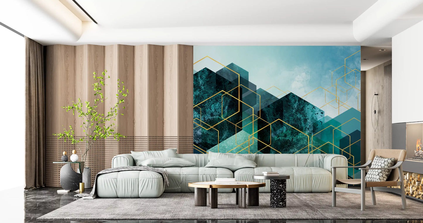 Geometrisches Wandbild mit Türkis-Gold-Leuchten