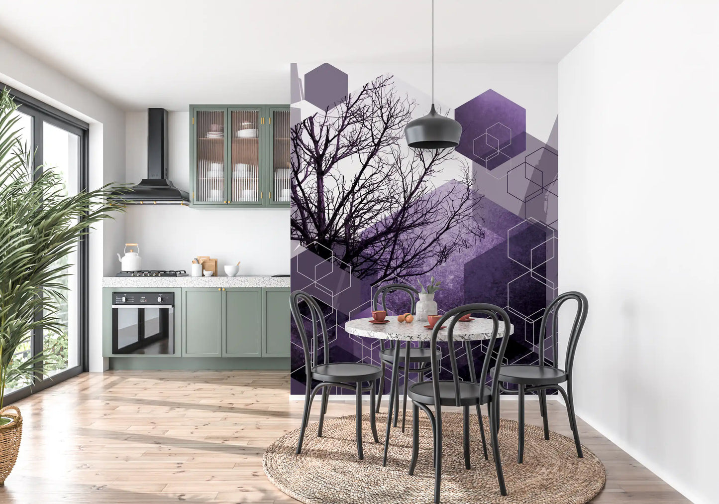 Violet and lavender tones blend behind black branches on this geometric wall mural.