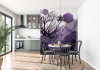 Violet and lavender tones blend behind black branches on this geometric wall mural.