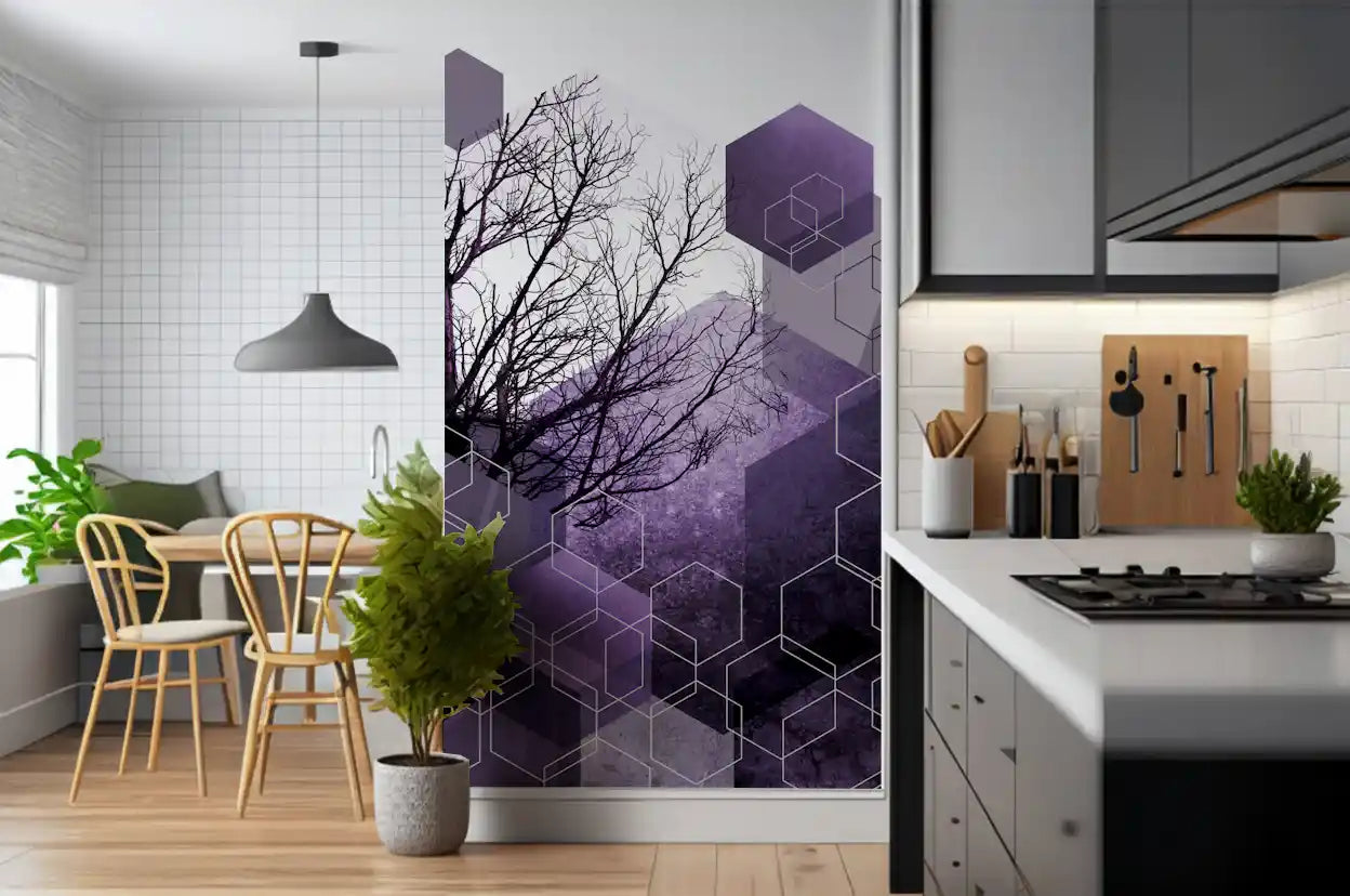 Kitchen-dining area where the purple hexagon wall mural sits across the back panel.