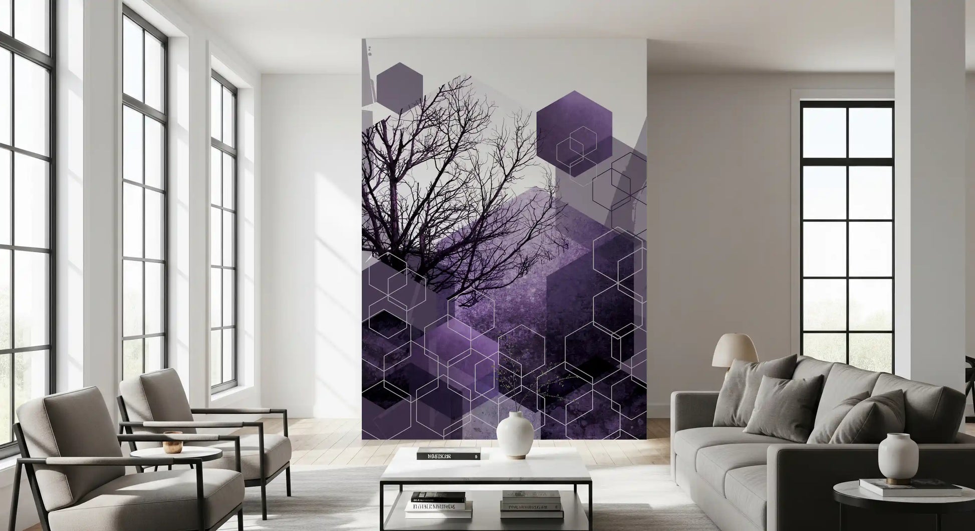 White outlined cubes float across the Shadowed Geometry wall mural.