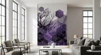 White outlined cubes float across the Shadowed Geometry wall mural.