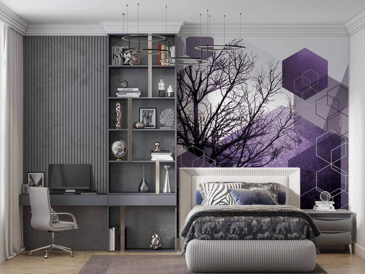 Bedroom styled around a tree silhouette wall mural with violet geometric layers.