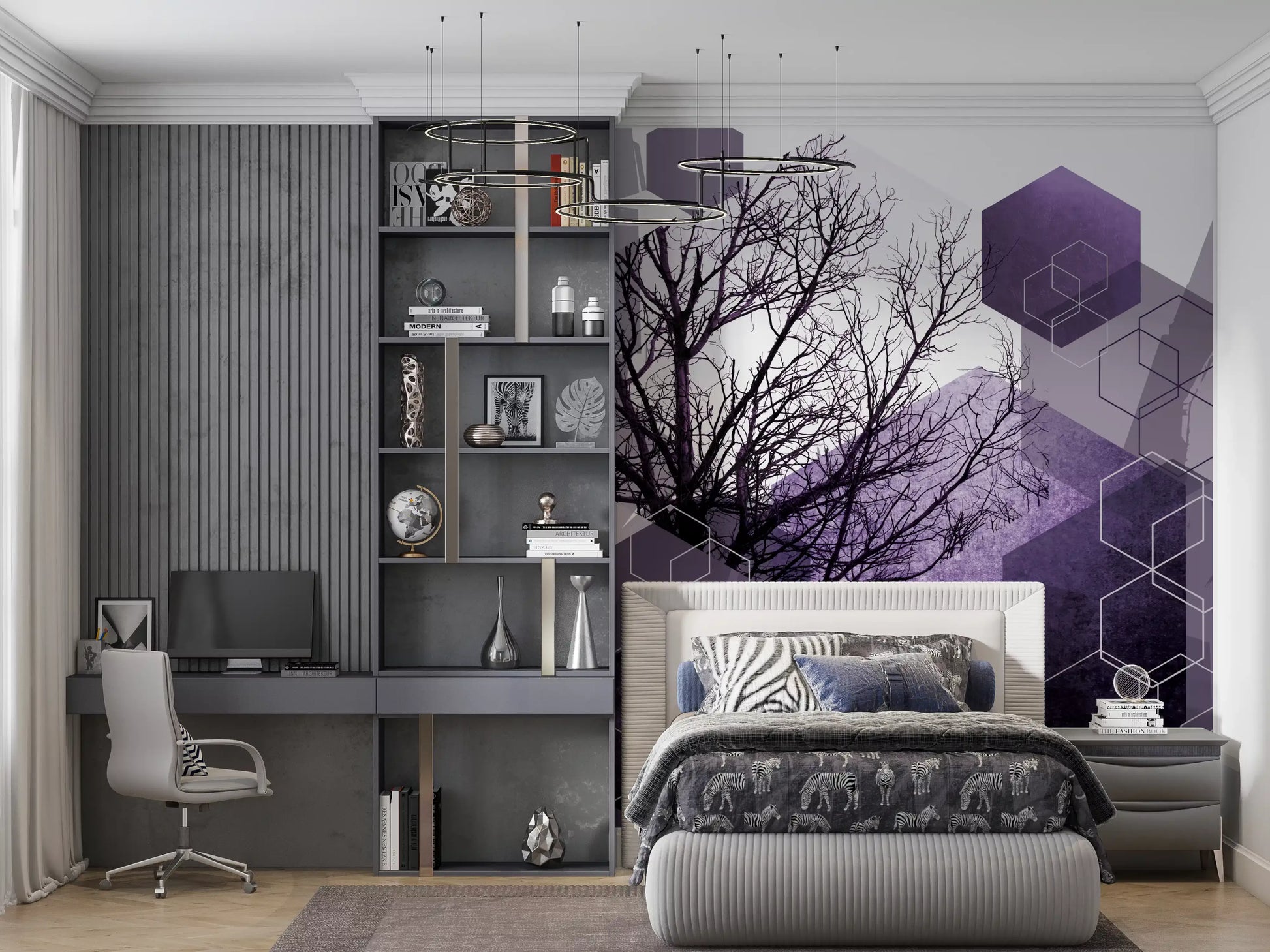 Bedroom styled around a tree silhouette wall mural with violet geometric layers.