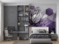 Bedroom styled around a tree silhouette wall mural with violet geometric layers.