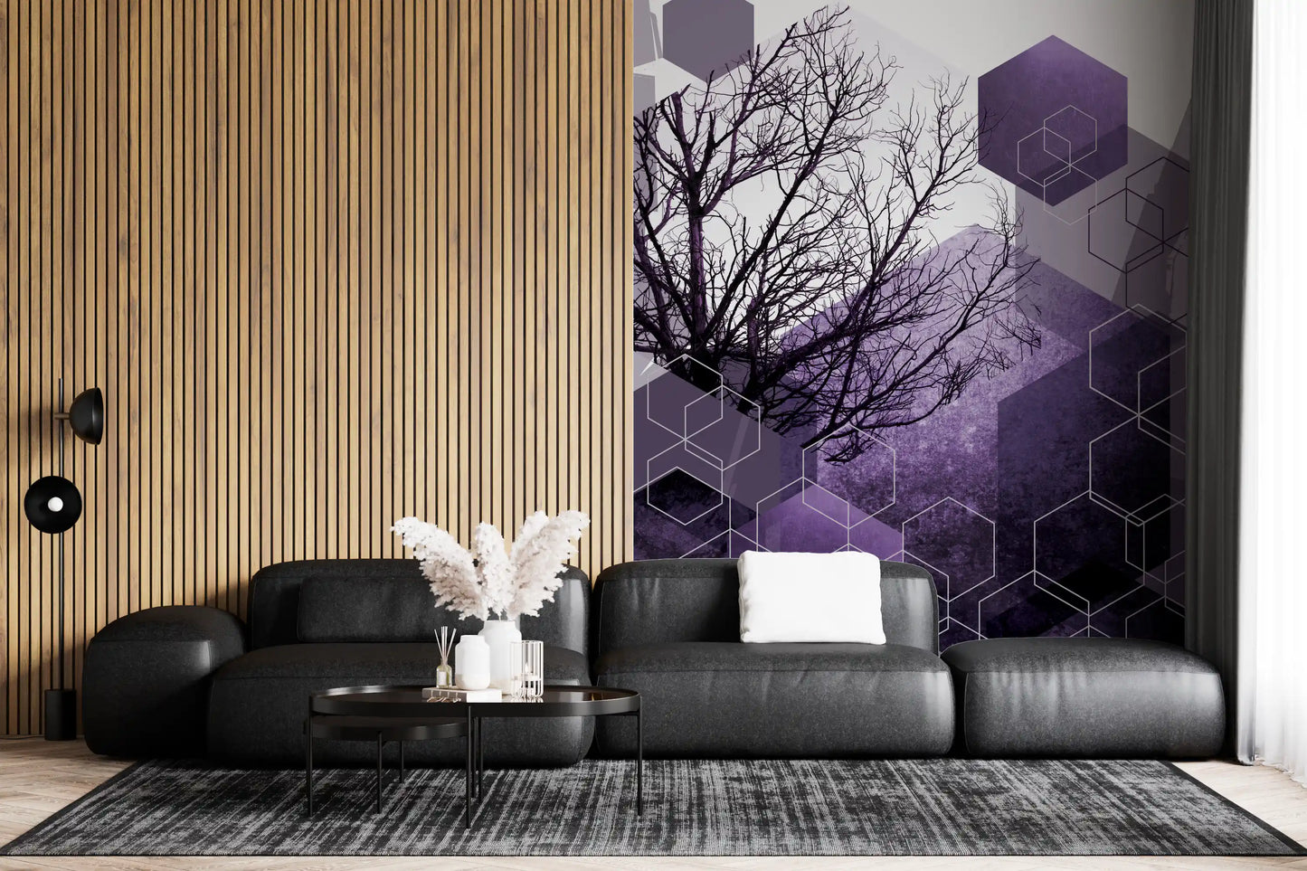 Living room finished in the Shadowed Geometry wall mural