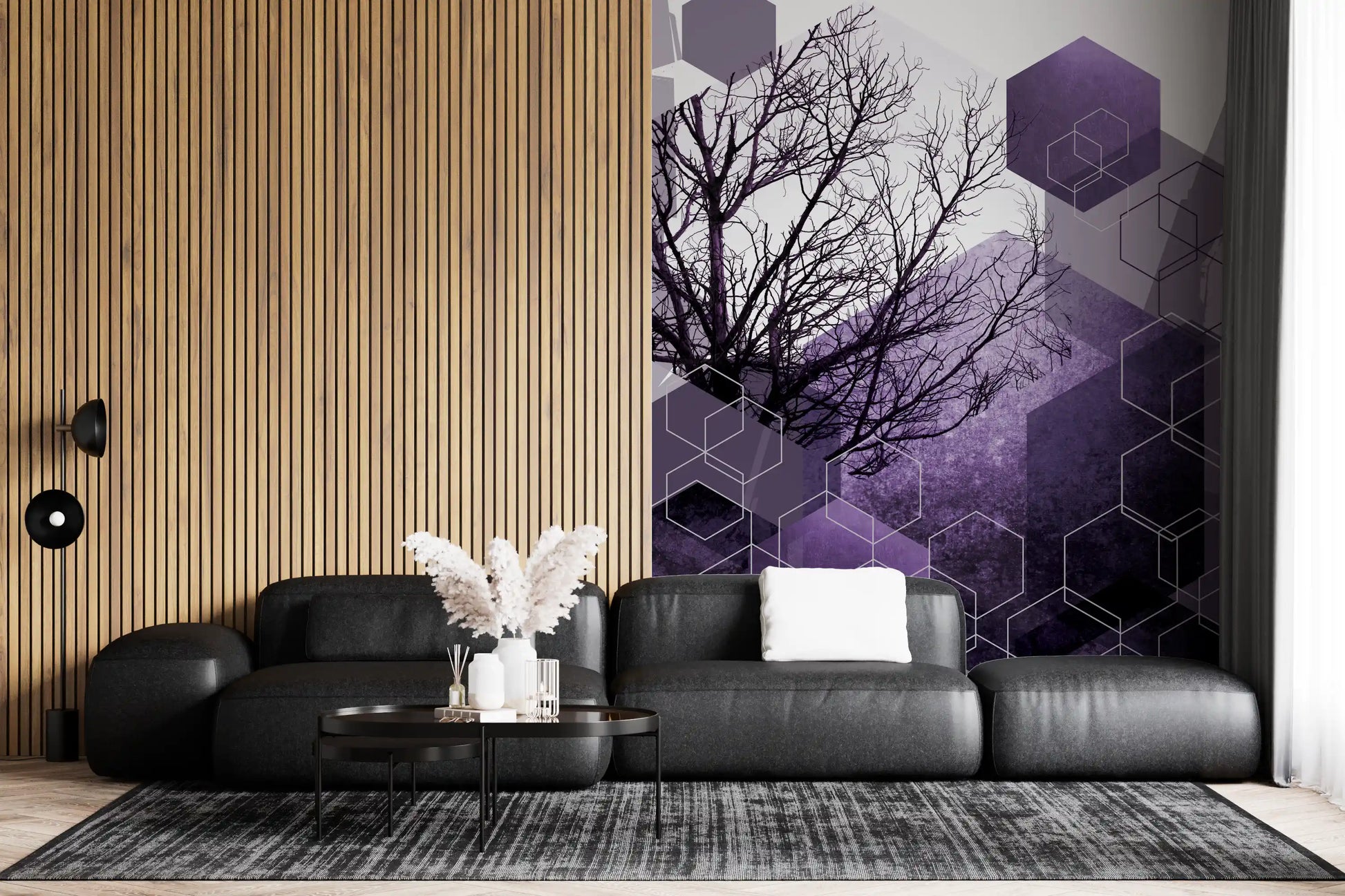 Living room finished in the Shadowed Geometry wall mural