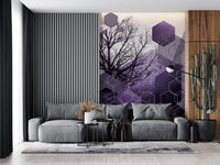 tree layered across purple hexagons in the Shadowed Geometry wall mural.