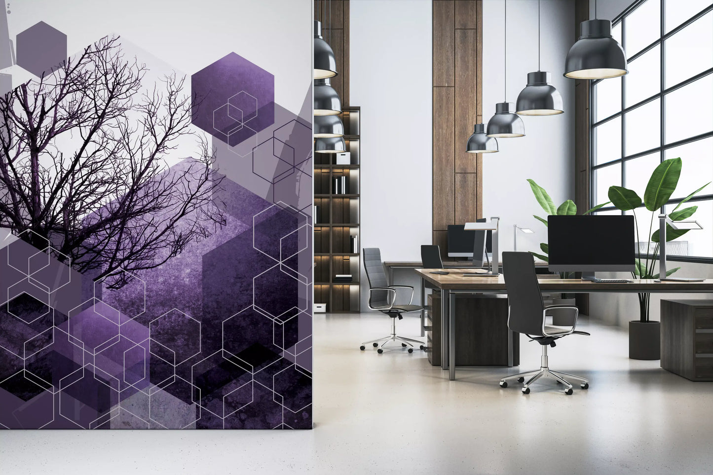 Office the tree and hexagon wall mural along the seating area.