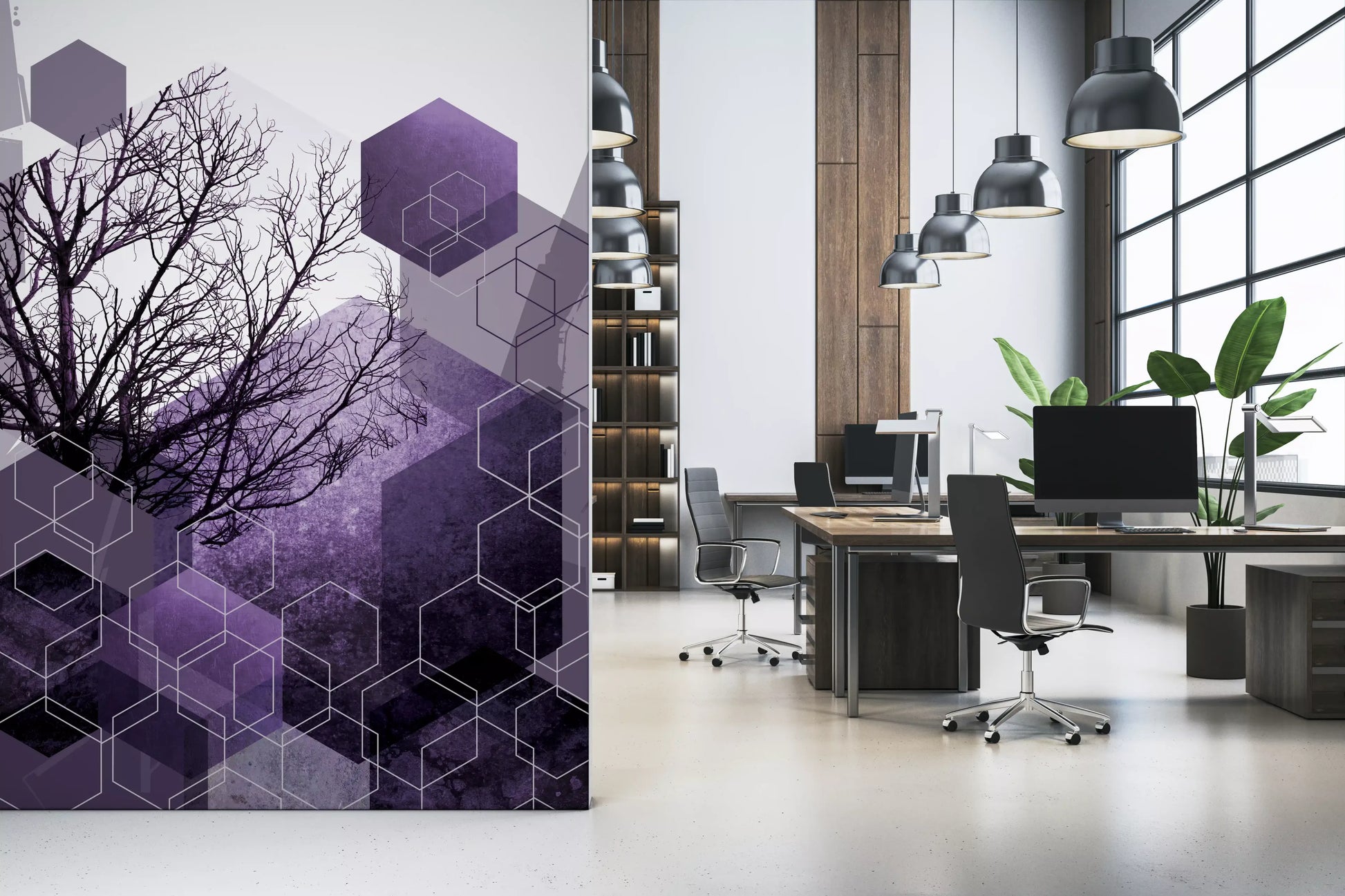 Office the tree and hexagon wall mural along the seating area.