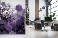 Office the tree and hexagon wall mural along the seating area.