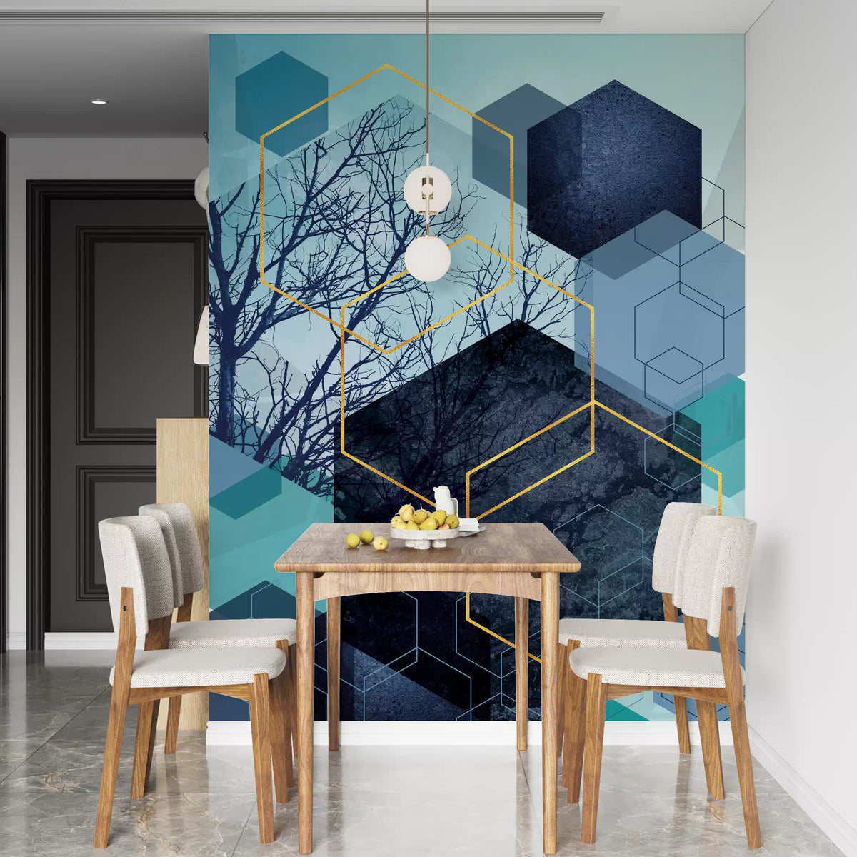 Golden Hexagon Nature Blend wall mural styled in a dining room 