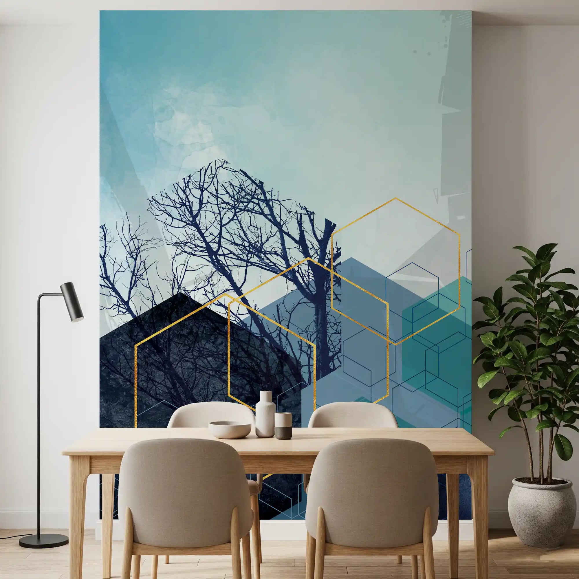 Dining room styled around the Gilded Forest Geometry wall mural with teal hexagons